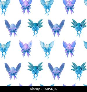 Wunderschöne bunte Eier mit Flügeln und schönen Bögen auf weißem Hintergrund, nahtloses Muster Stockfoto