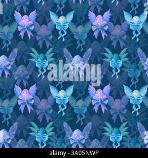 Wunderschöne bunte Eier mit Flügeln und schönen Bögen auf schwarzem Hintergrund, nahtloses Muster Stockfoto