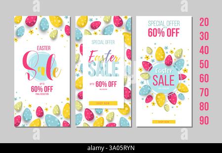 Set von Happy Easter Hintergrundschablone mit Eiern. Happy Easter, große Jagd- oder Verkaufs-Banner mit bunten Eiern. Vektorabbildung EPS10. Stock Vektor