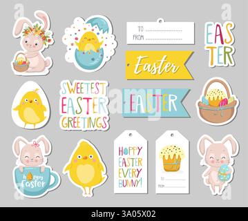 Set von Ostergeschenketiketten, Scrapbooking-Elementen, Etiketten, Abzeichen mit niedlichen Häschen, Huhn und Schriftzug. Ostergrüße Aufkleber mit Häschen, Blumen Stock Vektor