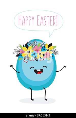 Grußkarte „Happy easter“. Charakterei mit kawaii lächelndem Gesicht und Blumenkranz auf dem Kopf, weißer Hintergrund. Stock Vektor