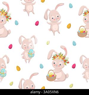 Nahtloses Ostermuster mit Häschen, Eiern, osterpasten und Blumen auf weißem Hintergrund. Vektorabbildung EPS10 Stock Vektor