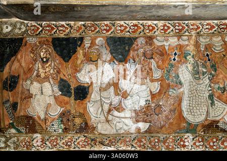 Wandgemälde im Veerabhadra-Tempel in Lepakshi, Andhra Pradesh, Indien, Asien Stockfoto