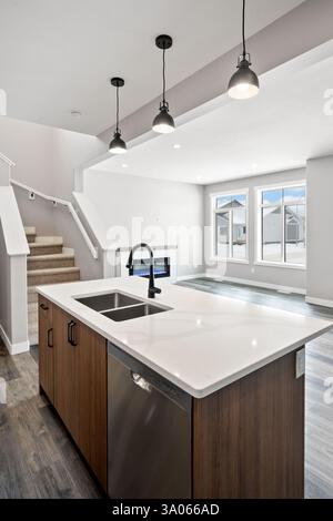 Küche mit einer weißen Insel und Edelstahlgeräten. Die Küche ist sauber und gut beleuchtet, mit Blick nach außen Stockfoto