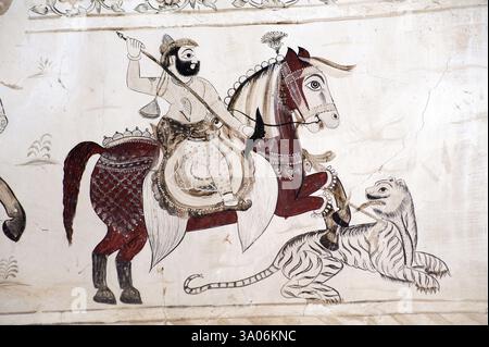 Wandgemälde der Tigerjagd im Lakshminarayan Tempel, Orchha, Tikamgarh, Madhya Pradesh, Indien, Asien Stockfoto