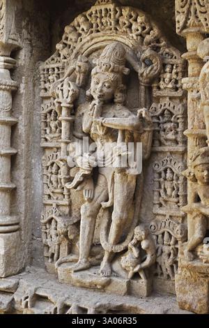 Chamunda, Rani Ki vav, Step Well, Steinschnitzerei, Patan, Gujarat, Indien, Asien Stockfoto