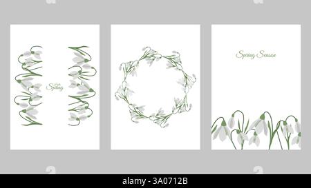 Poster oder Kartenset mit „Hello Spring“-Vorlage. Eleganter Rahmen mit Schneeglöckchen und Frühlingsmotiven. Vektor-Illustration für Cover Design Marketingmaterial natürliche und organische Produkte. Stock Vektor