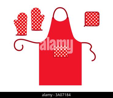 Schürze, Ofen Handschuhe Handschuh und Topfhalter Küche rot Cartoon flache Accessoires Kleidung technische Illustration Kleidung. Vektor für Männer, Frauen Stil Vorlage CAD Modell auf weißem Hintergrund Stock Vektor