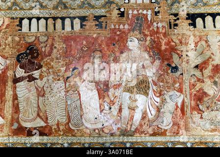 Wandgemälde im Veerabhadra-Tempel in Lepakshi, Andhra Pradesh, Indien, Asien Stockfoto