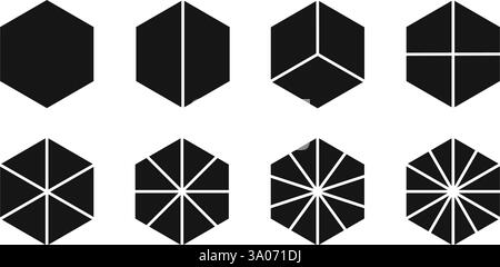 Sechseckige Formen, die in gleichen Teilen geschnitten werden. Geometrische Formen mit 6 Rändern, die in Fraktionen von 2 bis 12 unterteilt sind. Einfache Diagramme, Vorlagen für Unternehmenskarten. Vektorgrafik. Stock Vektor