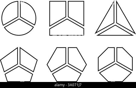 Geometrische Formen, unterteilt in 3 Sektoren. Rund, quadratisch und dreieckig, pentagon, Sechseck und Achteckform in drei gleiche Teile getrennt. Diagramme oder Geschäftsdiagramme. Vektorkontur, Abbildung. Stock Vektor