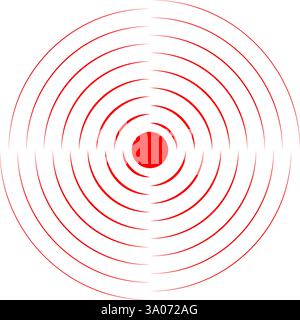 Symbol für die Schmerzlokalisierung. Rote konzentrische Kreise. Symbol für Ziel, Abdeckung oder Vibration. Puls- oder Schmerzzeichen. Echolot-, Radar- oder Tonsignalpiktogramm isoliert auf weißem Hintergrund. Vektorabbildung. Stock Vektor