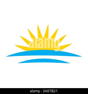 Symbol für aufgehende Sonne. Hellgelber Sonnenschein. Blaue Wasserwellen. Vektorabbildung. Stock Vektor