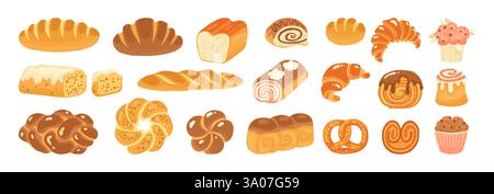 Comic-Set für Brot- und Backwaren. Verschiedene Brotbrötchen, Muffin, französisches Baguette und Croissant, Weizenroggenbrot. Menü Bäckerei Gebäck Hand gezeichnet Lebensmittel Retro Kunst Sammlung Vektor Illustration Stock Vektor