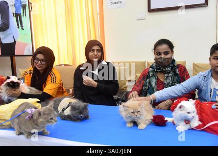 Patna, Indien. März 2025. PATNA, INDIEN - 2. MÄRZ: Mädchen mit ihren Haustieren während der Cat Show an der Bihar Animal Sciences University am 2. März 2025 in Patna, Indien. (Foto: Santosh Kumar/Hindustan Times/SIPA USA) Credit: SIPA USA/Alamy Live News Stockfoto