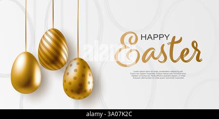 Happy Easter Banner mit realistischen goldenen 3D-Eiern und Schrifttypografie. Vektor-Grußkarte Stock Vektor