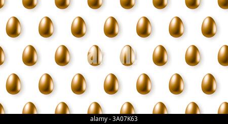 Nahtloses Muster der goldenen Eier auf weißem Hintergrund. 3D realistisches goldenes Ei, das Objekte wiederholt Stock Vektor