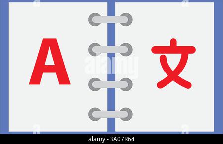 Illustration kreatives Vokabular offenes Buch Wörterbuch elearning Bildung Vektor-Symbol modern isoliert auf Hintergrund. Entwerfen Sie den Cartoon-Stil. Stock Vektor