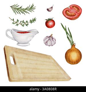 Set von Aquarellillustration eines hölzernen Schneidebretts mit Tomaten, Zwiebeln, Knoblauch, Kräutern und Sauce. Perfekt für Verpackungen, Speisekarten, Kochbücher, Werbung, Textilien, und Innenarchitektur. Stockfoto