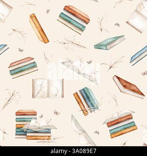 Nahtloses Muster mit Aquarellillustrationsbüchern mit Pflanzen und Schmetterlingen. Wiederholen Sie das Ornament, das auf dem Hintergrund isoliert ist. Öffnen und stapeln Sie Bücher mit Stockfoto