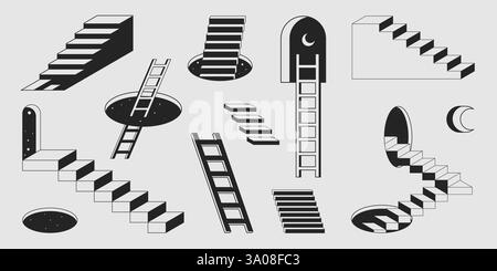 Retro-Leiter- und Treppenbilder mit geometrischen Formen in schwarzem monochromen Stil. Minimalistische kosmische Portale mit Stufen für surreale Kunst, Vintage-Design oder abstrakte Architekturkonzepte. Stock Vektor