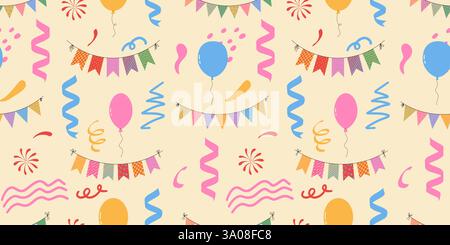Flaggengirlanden mit Ballons. Nahtloses Flaschenmuster für Geburtstag, Karneval und Party Stock Vektor