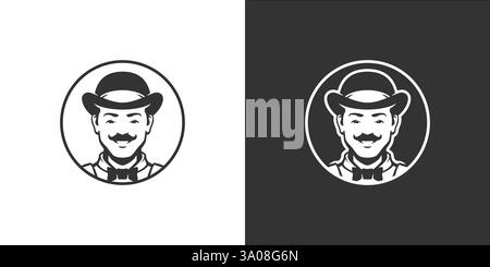 Altmodischer Mann im Hut mit Schleife Friseur minimalistisches Symbol für Logo Set Vektor Illustration. Stilvolles Herrenporträt im Vintage-Stil im kreisförmigen Rahmen Stock Vektor