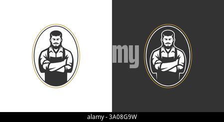 Brutal Friseur Shop in goldenem Rahmen Coiffure minimalistisches Symbol für Logo Set Vektor Illustration. Starker Mann mit überkreuzten Händen Gentleman, der Servic pflegt Stock Vektor