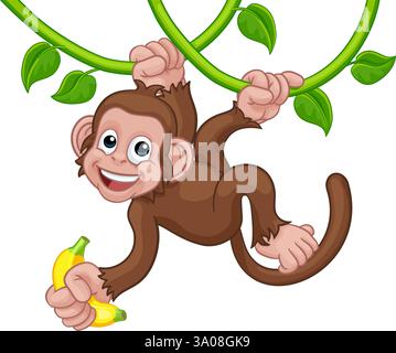 Affen Singen Auf Jungle Vines Mit Banana Cartoon Stock Vektor