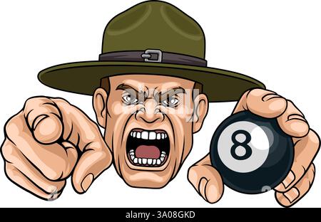 Bohrlehrer Sergeant Billard Pool Maskottchen Stock Vektor