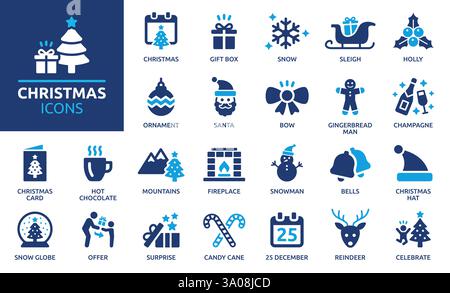 Weihnachtssymbole. Weihnachtselemente mit Schnee, Weihnachtsmann, Geschenkbox, Zuckerrohr, Glocken, Weihnachtsbaum, Schneemann und Rentier Symbol. Symbol „Sammeln“ leuchtet Stock Vektor