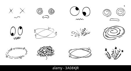 Schwindeleffekt, Kopfschmerzen, krankes Zeichnen-Doodle-Comic-Set. Schwindelgesichter, Stars über dem Kopf, Emotionen, verrückte handgezeichnete Linien-Kollektion. Vektorabbildung Stock Vektor