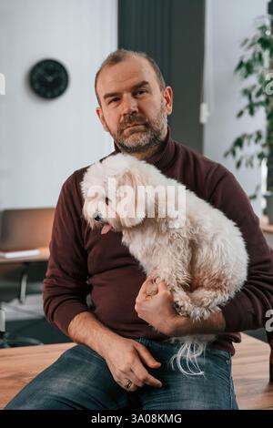 Auf dem Tisch sitzen. Ein Mann in lässiger Kleidung ist drinnen mit seinem süßen maltesischen Hund. Stockfoto