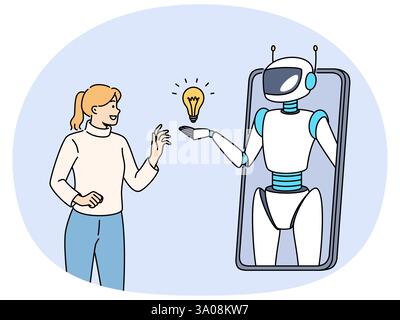 Frau kommuniziert mit KI-Chat-Bots am Telefon über eine mobile Anwendung und nutzt künstliche Intelligenz, um neue Ideen zu finden. Der Roboter auf dem Smartphone-Bildschirm symbolisiert Chat-Bots, die Benutzerfragen beantworten Stock Vektor