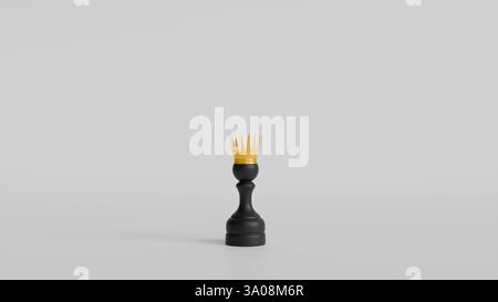 3D-Modell eines schwarzen Bauern mit einer goldenen königlichen Krone auf weißem Hintergrund, Bauernkönig, Spiel Stockfoto