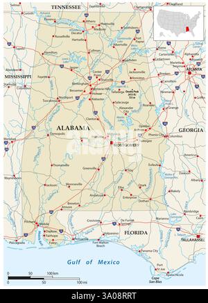 Straßenkarte des US-Bundesstaates Alabama Stockfoto