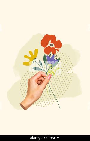 Poster Bild vertikale Foto Collage von Hand halten Cartoon Kritzelei Frühling Blumenstrauß Feier Blumenverkauf märz Bunch Überraschung Stockfoto