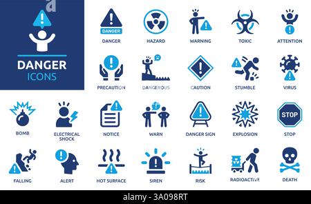 Symbolsatz Gefahr. Mit Warnzeichen, giftig, Achtung, Sirene, Alarm, Achtung- und Bombensymbole. Ausgefüllte Symbolsammlung. Stock Vektor