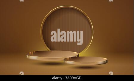Zwei fliegende goldene Podeste mit goldenem Kreis Hintergrund mit Textur luxuriöse leere Präsentationsstudio Produktdekoration Stock Vektor