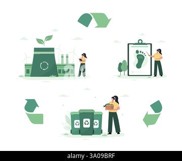 Kreislaufwirtschaft. Konzept der umweltfreundlichen industriellen Entwicklung. Geringe CO2-Emissionen und Umweltverantwortung. Netto Null. Vektor-Illustration in flachem Cartoon-Stil Stock Vektor
