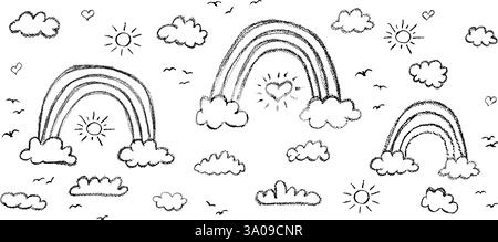 Set aus abstrakten Bleistiftwolken und Regenbogen. Handgezeichneter Cartoon bewölkter Himmel und Sonne. Vektor-Illustration Sammlung von schwarzen Herzen und Vögel Silhouette Stock Vektor