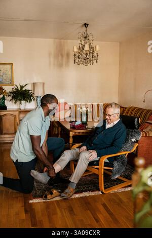 Glückliche männliche Krankenschwester hilft Senioren beim Tragen von Socken zu Hause Stockfoto