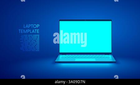 Laptop leerer Bildschirm auf dem Schreibtisch auf blauem Hintergrund. Vorderansicht des Notebook-Vektors. Gaming-Notebook mit offenem Zyan-Bildschirm auf der Vorderseite. Vektorvorlage leerer Bildschirm n Stock Vektor