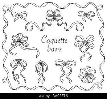Niedliche Coquette Bow Knoten isoliert auf weiß. Handgezeichnete Girly Bögen Briefschreiben Schreibwaren. Trendige feminine romantische Ikonen für Hochzeitsfeier, Feiertag, Party Dekoration, Geschenk, Geschenk Konzept. Stock Vektor