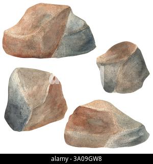 Ein Bündel von grauen und braunen Steinsteinen. Strukturierte Felsbrocken. Kopfsteinpflaster. Kies. Natürliche Landschaft Clipart. Bergsteine in Wasserfarben. Handgezeichnetes Wasser Stockfoto