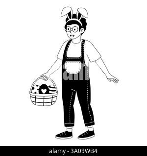 Ein Kind, das Hasenohren trägt, hält im Frühling im Freien einen Osterkorb mit bunten Eiern Stock Vektor