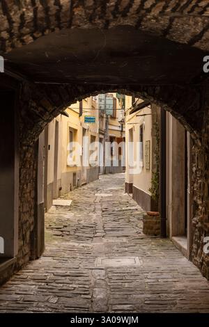 Kleines Tor und verwinkelte Gassen im malerischen Dorf Piran auf der istrischen Halbinsel entlang der Adria in Slowenien Stockfoto