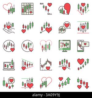 Love Trading Farbige Symbole Set - Japanische Kerzen Chart Börsenhandel und Krypto Investment Konzept Schilder Stock Vektor