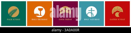 Symbole der Karwoche für das Poster zum Ostersonntag. Palmensonntag, Karfreitag, Karfreitag, Karsamstag christliches Vektorkonzept Stock Vektor