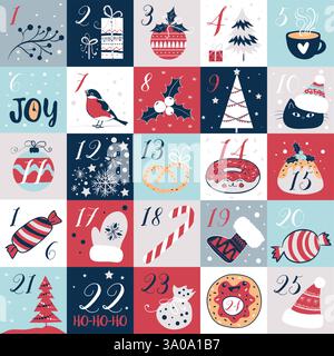 Adventskalender mit weihnachtlichen Elementen. Festtage-Poster, Vektorillustrationen. Stock Vektor